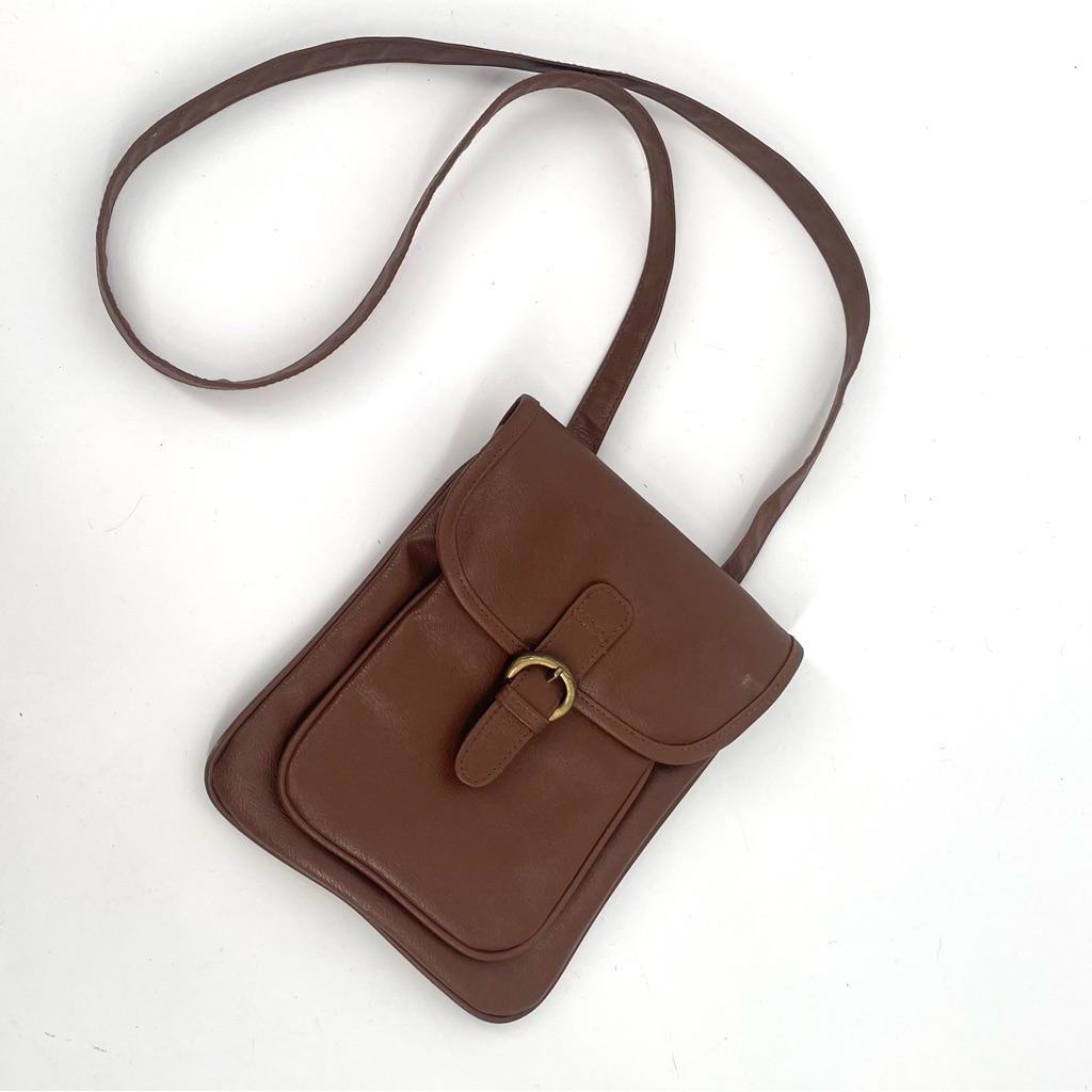 Vintage Brown Faux Leather Classic Crossbody / Satchel Handbag Gold Hardware